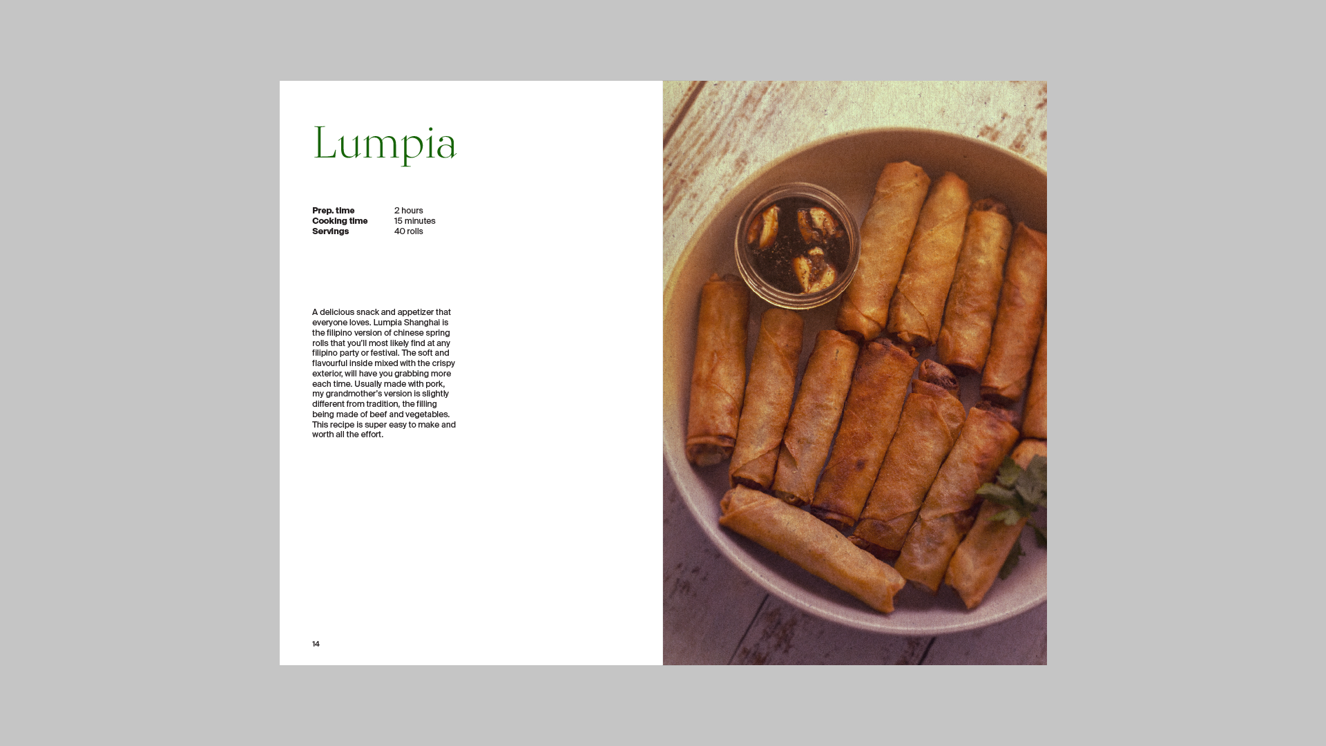 Spread of a page a recipe and picture of lumpia.